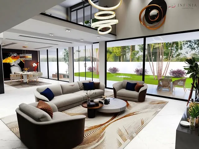 Modern living room with large windows, stylish furniture, and vibrant decor, overlooking a landscaped garden.