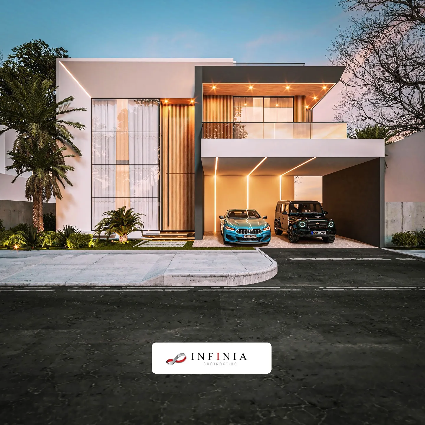  A sleek modern house with large windows and two cars parked in the driveway, showcasing contemporary design and style.
